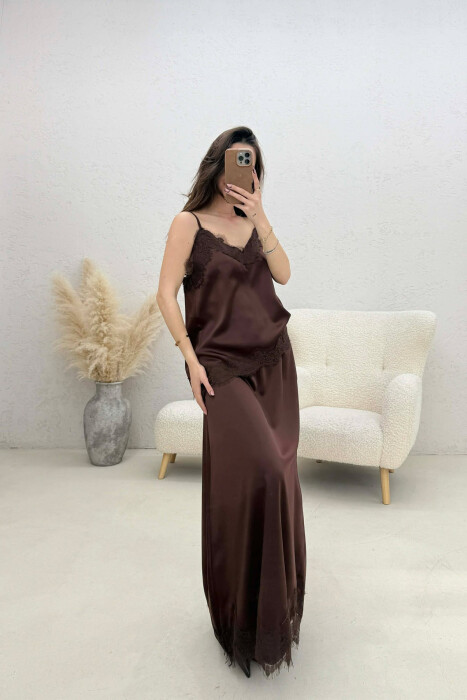 SATIN TANK TOP + SKIRT WOMAN SET BROWN/KAFE - 5