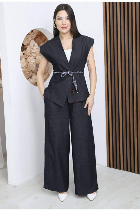 SCARF BELT DETAIL VEST + TROUSERS DENIM WOMAN SET BLUE/BLU - KLAUDIO FASHION