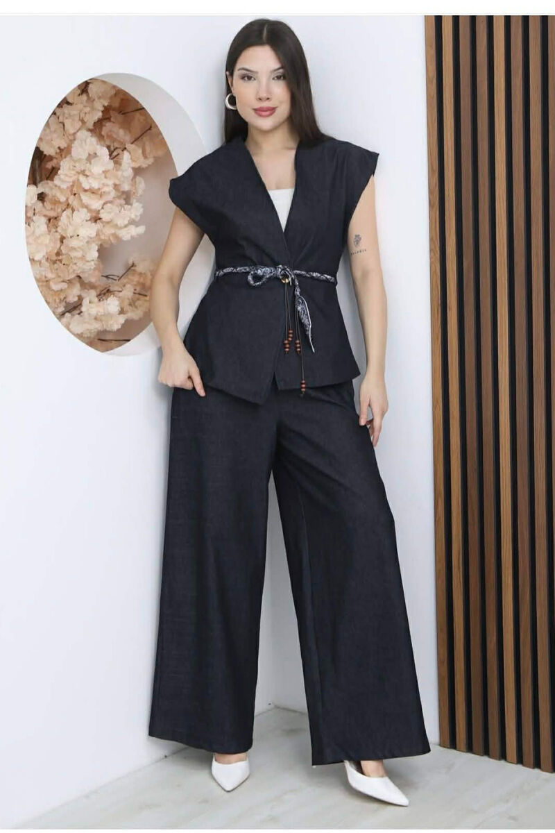 SCARF BELT DETAIL VEST + TROUSERS DENIM WOMAN SET BLUE/BLU - 2