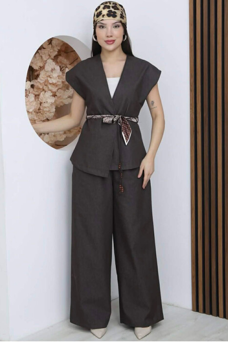 SCARF BELT DETAIL VEST + TROUSERS DENIM WOMAN SET BROWN/KAFE - KLAUDIO FASHION