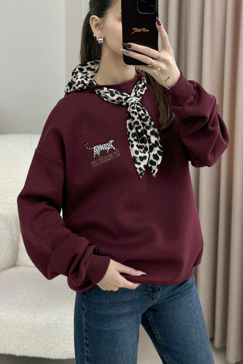 SCARF DETAIL LEO PRINT FLUFFY WOMEN SWEATSHIRT BURGUNDY/VISHNJE - 2