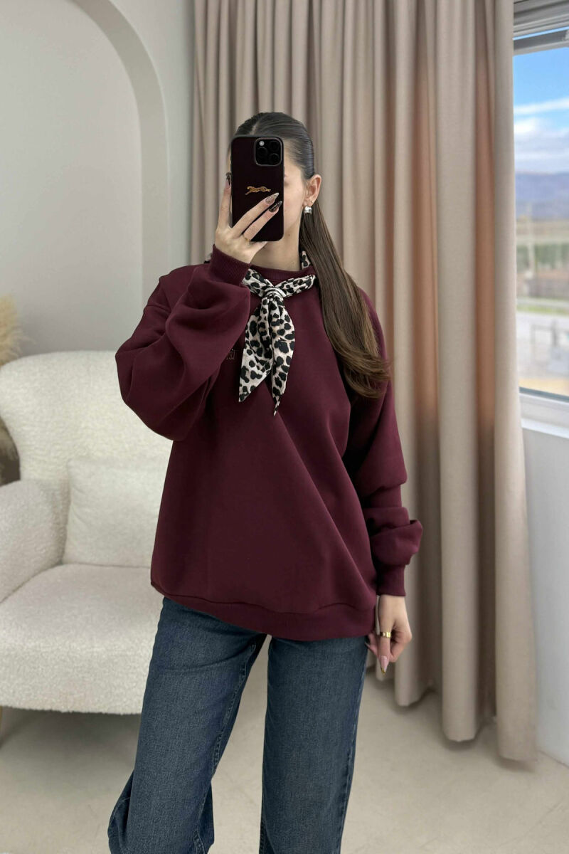 SCARF DETAIL LEO PRINT FLUFFY WOMEN SWEATSHIRT BURGUNDY/VISHNJE - 4