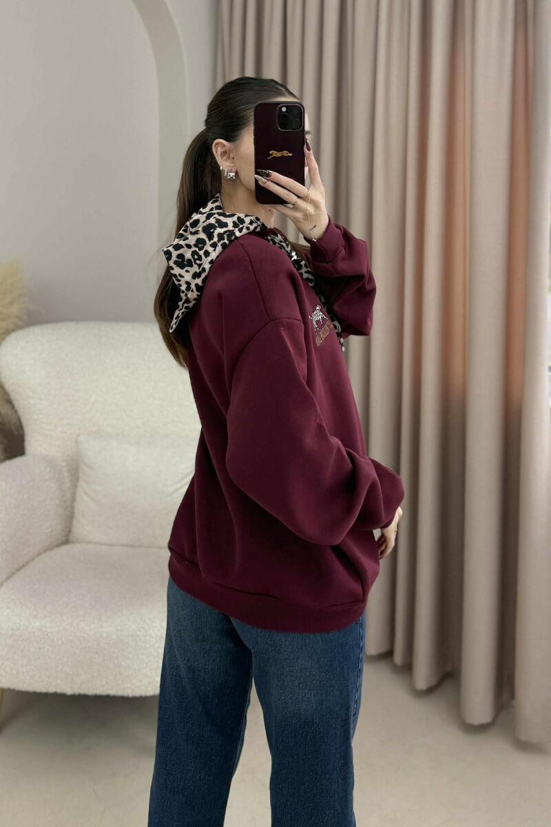 SCARF DETAIL LEO PRINT FLUFFY WOMEN SWEATSHIRT BURGUNDY/VISHNJE - 5