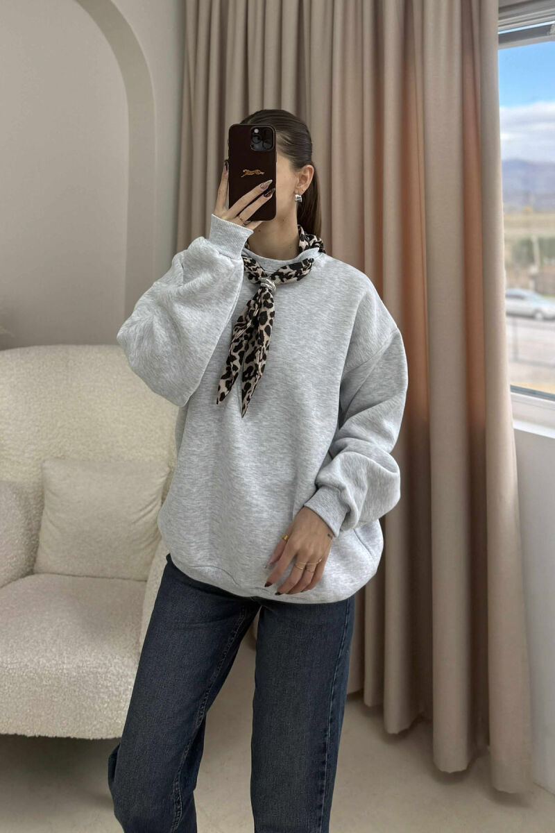 SCARF DETAIL LEO PRINT FLUFFY WOMEN SWEATSHIRT LIGHT GREY/GZ - 2