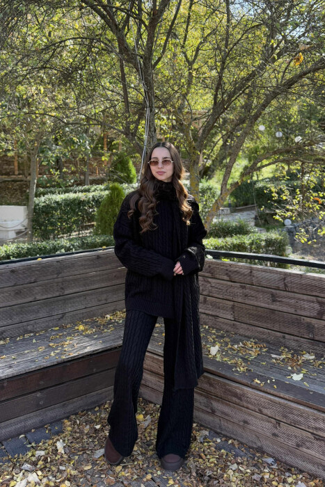 SCARF+SWEATER+TROUSERS BRAIDS KNIT WOMEN SET BLACK/ E ZEZE - KLAUDIO FASHION