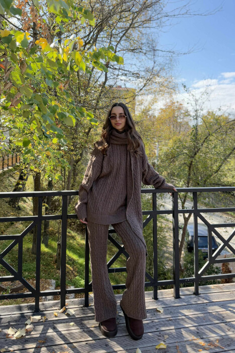 SCARF+SWEATER+TROUSERS BRAIDS KNIT WOMEN SET BROWN/KAFE - KLAUDIO FASHION