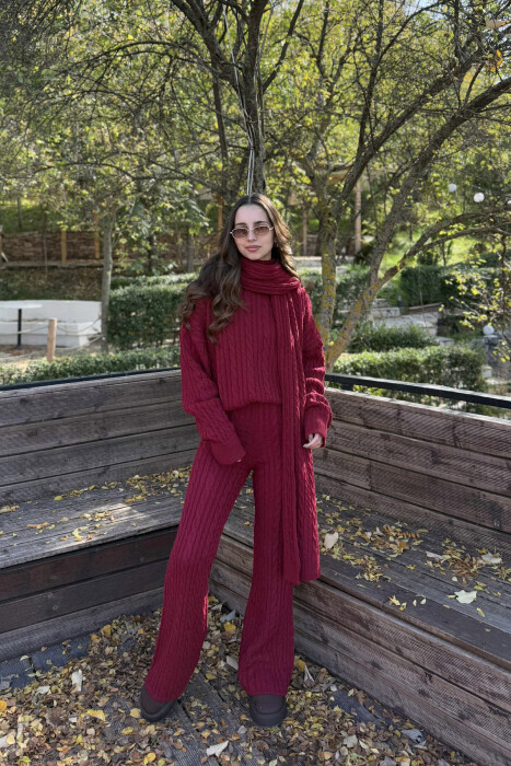 SCARF+SWEATER+TROUSERS BRAIDS KNIT WOMEN SET BURGUNDY/VISHNJE - KLAUDIO FASHION