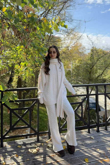 SCARF+SWEATER+TROUSERS BRAIDS KNIT WOMEN SET CREAM/KREM - KLAUDIO FASHION