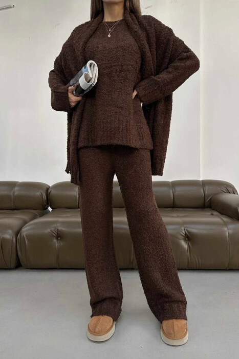 SCARF+SWEATER+TROUSERS THREE PIECE KNIT WOMEN SET BROWN/KAFE - KLAUDIO FASHION