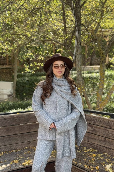 SCARF+SWEATER+TROUSERS THREE PIECE KNIT WOMEN SET GREY/GRI - 4