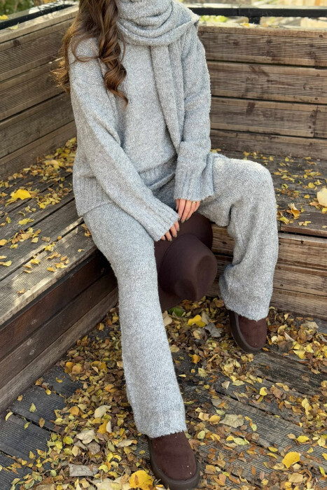 SCARF+SWEATER+TROUSERS THREE PIECE KNIT WOMEN SET GREY/GRI - 5