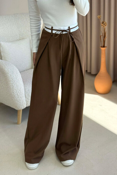 SEMI ELASTIC WAIST & LACING WOMEN TROUSERS BROWN/KAFE - KLAUDIO FASHION