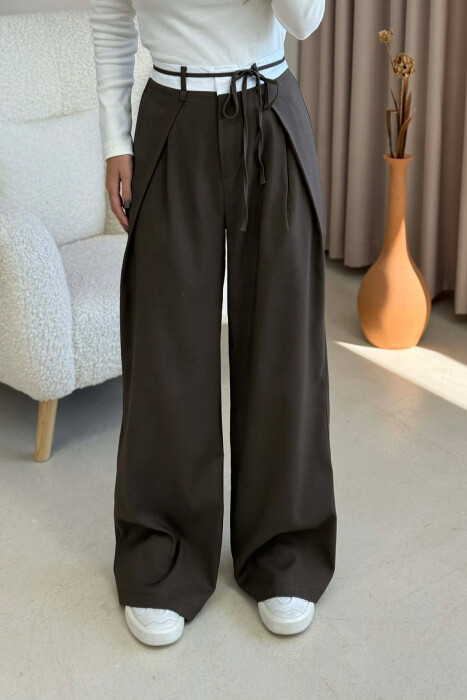 PANTALLONA ME BEL GJYSËM ELASTIK & LIDHËSE PËR FEMRA NË NGJYRËN KAFE TË ERRËT - KLAUDIO FASHION