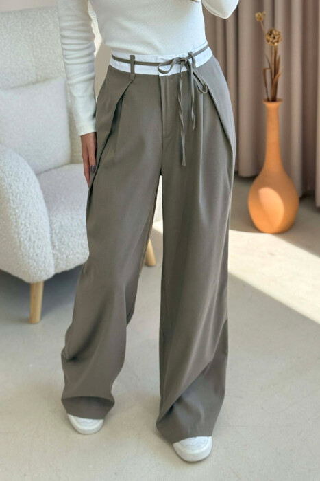 SEMI ELASTIC WAIST & LACING WOMEN TROUSERS OLIVE/ULLI - KLAUDIO FASHION