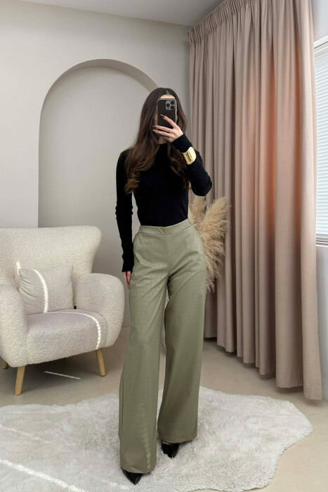 SEMI ELASTIC WAIST LEATHER WOMEN TROUSERS OLIVE/ULLI - 4