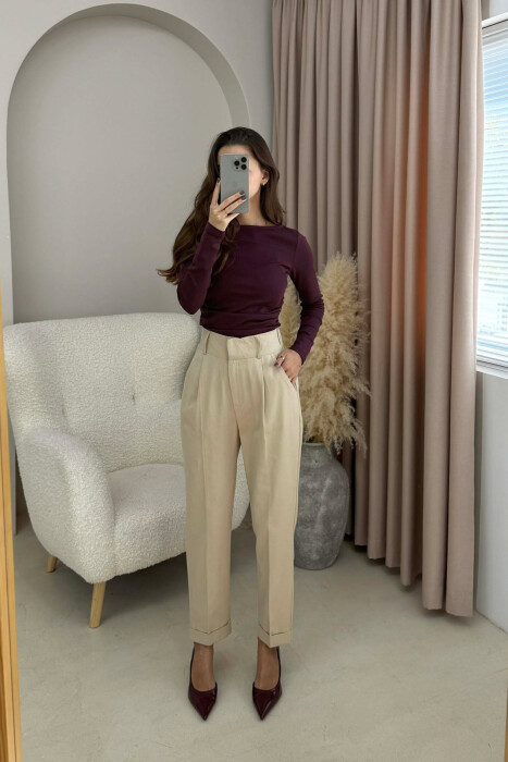 SEMI ELASTIC WAIST ONE COLOR WOMEN TROUSERS BEIGE/BEZHE - 1