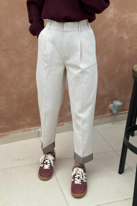 SEMI ELASTIC WAIST ONE COLOR WOMEN TROUSERS CREAM/KREM - KLAUDIO FASHION