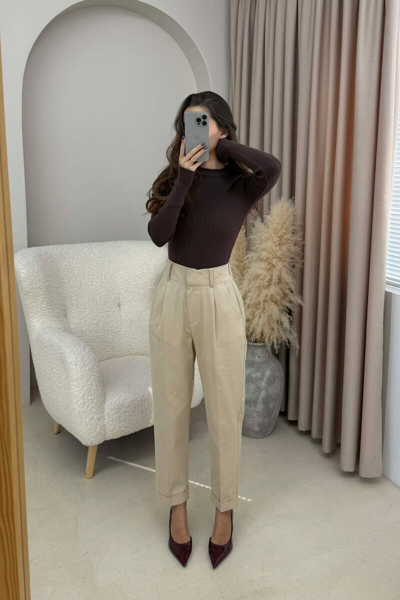 SEMI ELASTIC WAIST ONE COLOR WOMEN TROUSERS CREAM/KREM - 2