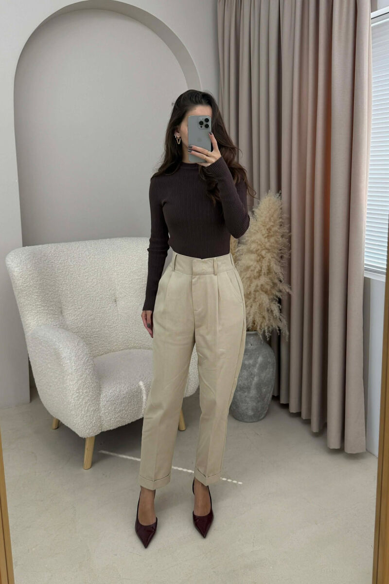 SEMI ELASTIC WAIST ONE COLOR WOMEN TROUSERS CREAM/KREM - 3