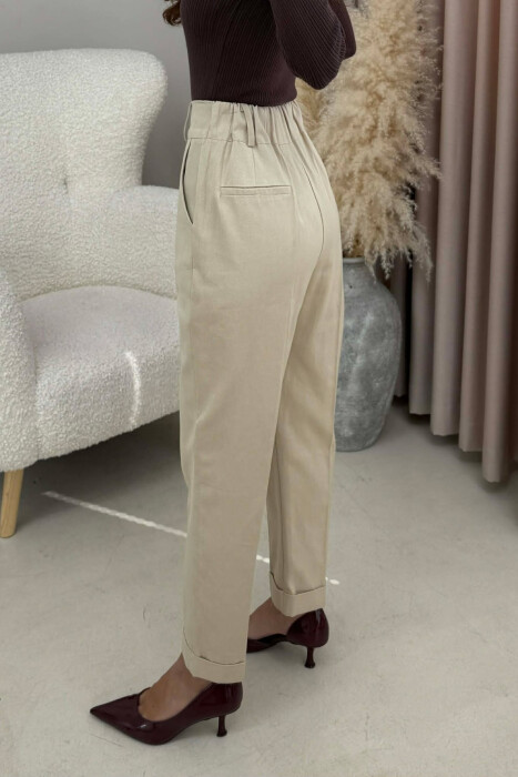 SEMI ELASTIC WAIST ONE COLOR WOMEN TROUSERS CREAM/KREM - 4