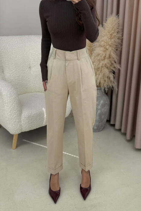 SEMI ELASTIC WAIST ONE COLOR WOMEN TROUSERS CREAM/KREM - 1