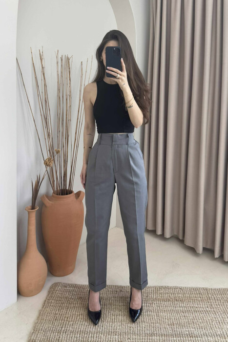 SEMI ELASTIC WAIST ONE COLOR WOMEN TROUSERS GREY/GRI 