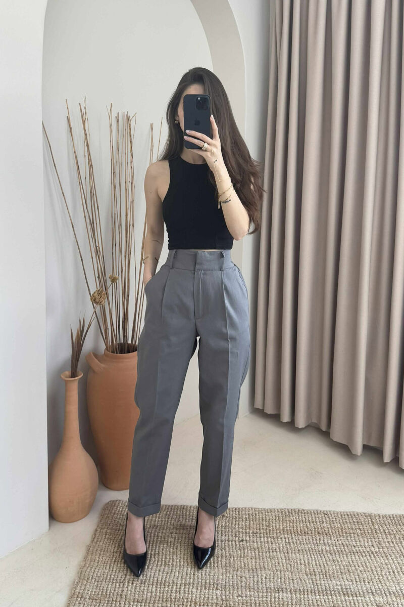 SEMI ELASTIC WAIST ONE COLOR WOMEN TROUSERS GREY/GRI - 2