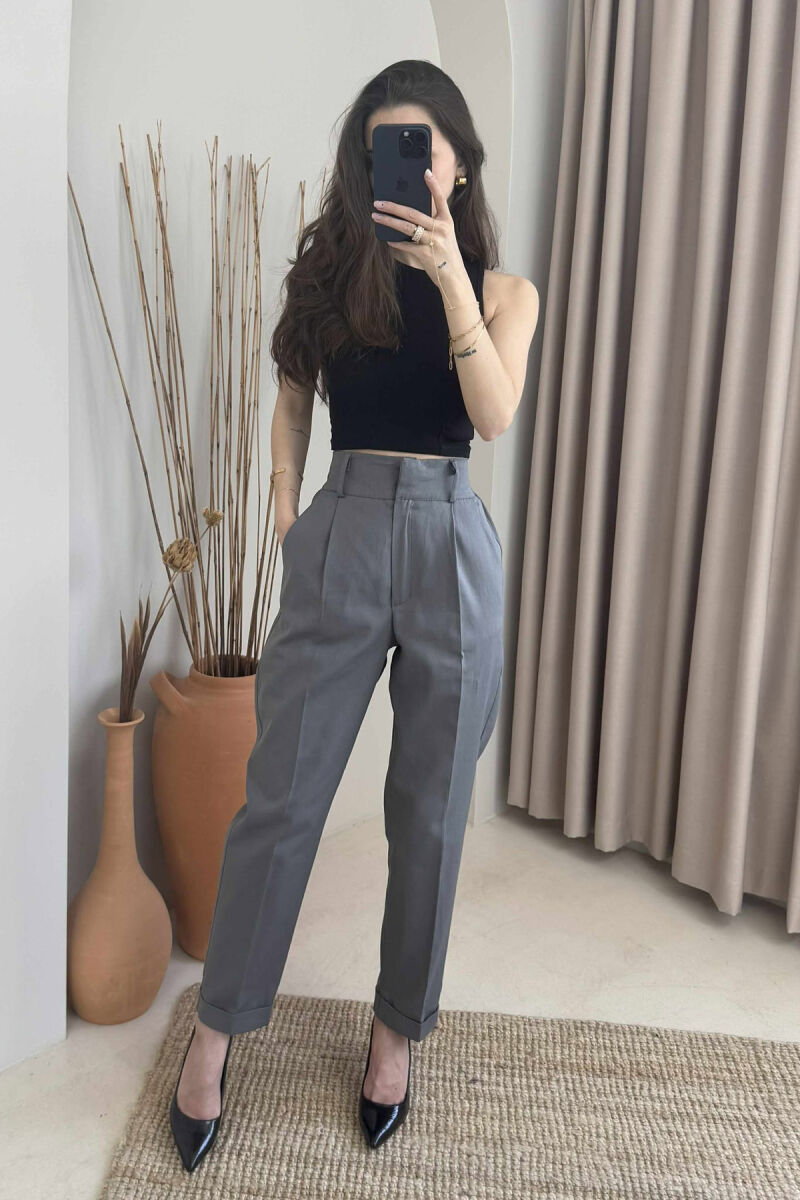 SEMI ELASTIC WAIST ONE COLOR WOMEN TROUSERS GREY/GRI - 3