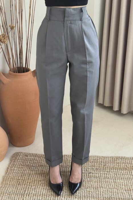 SEMI ELASTIC WAIST ONE COLOR WOMEN TROUSERS GREY/GRI - 4