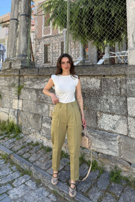 SEMI ELASTIC WAIST ONE COLOR WOMEN TROUSERS OLIVE/ULLI - KLAUDIO FASHION