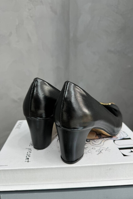 SEMI HEEL GOLD DETAIL WOMAN SHOES GLOSSY BLACK-ZEZE SHKELQIM - 2