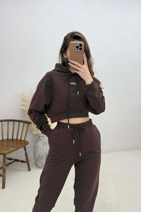 SET HOODIE ME SHKRIME + TUTA PER FEMRA NE NGJYRE KAFE - 3