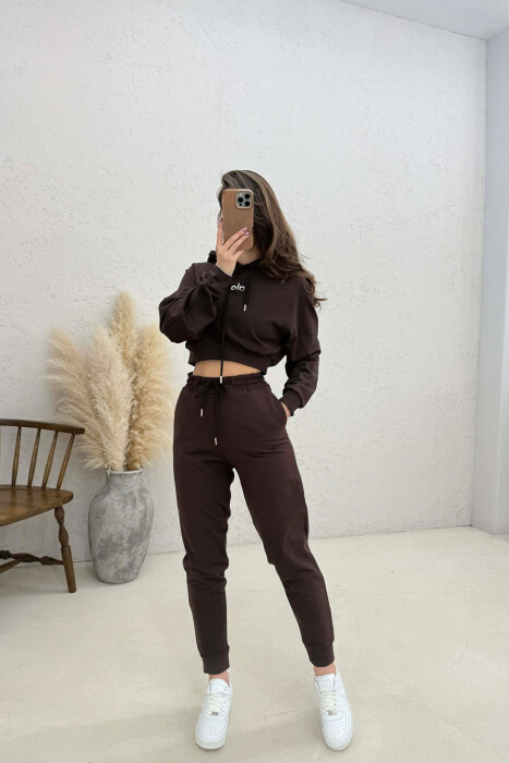 SET HOODIE ME SHKRIME + TUTA PER FEMRA NE NGJYRE KAFE - 2