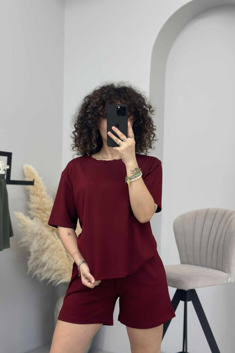 SET I THJESHTË T-SHIRT+PANTALLONA TË SHKURTRA PËR FEMRA NË NGJYRËN VISHNJË - 2