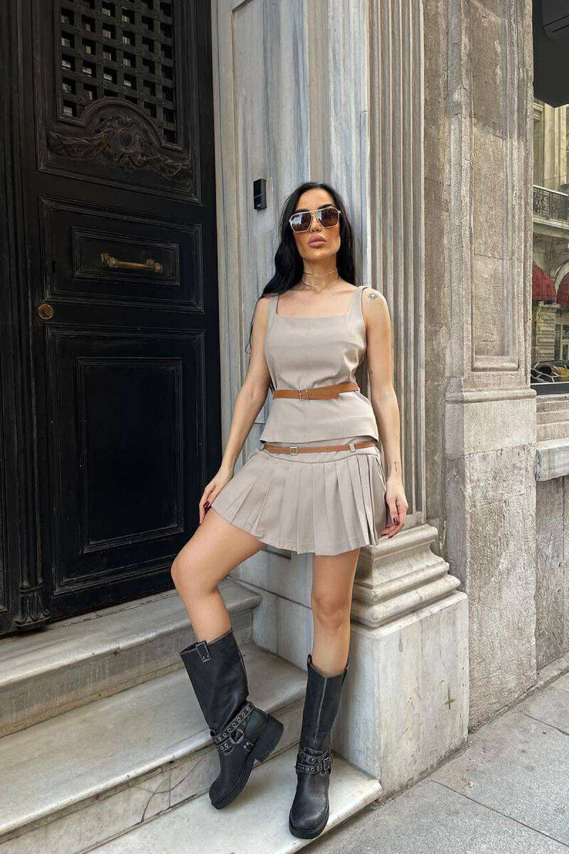 SET ME DETAJIN E RRIPIT KANATIERE+FUND-PANTALLONË PËR FEMRA NË NGJYRËN BEZHË - 1