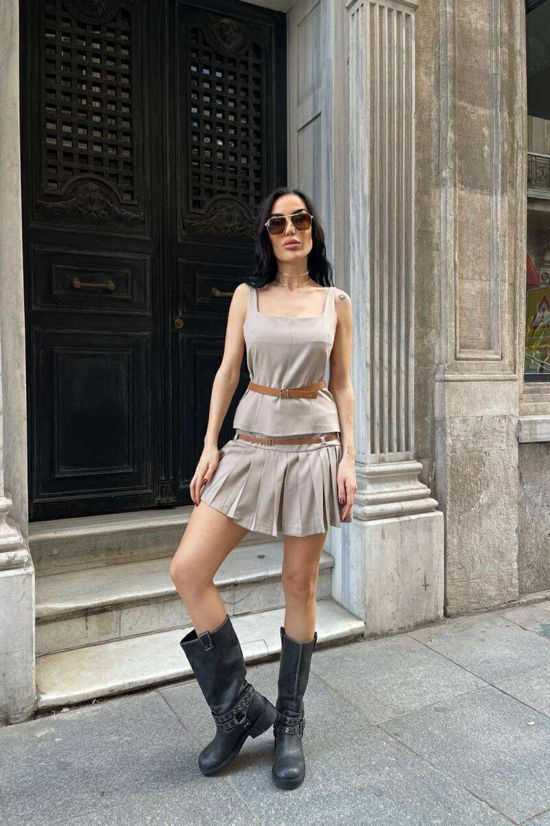 SET ME DETAJIN E RRIPIT KANATIERE+FUND-PANTALLONË PËR FEMRA NË NGJYRËN BEZHË - 2