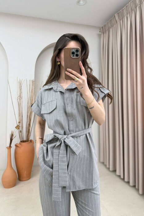 SET ME VIJA BLUZE ME MENGE TE SHKURTRA + PANTALLONA PER FEMRA NE NGJYRE GRI - 2