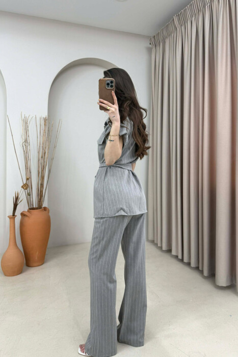 SET ME VIJA BLUZE ME MENGE TE SHKURTRA + PANTALLONA PER FEMRA NE NGJYRE GRI - 4