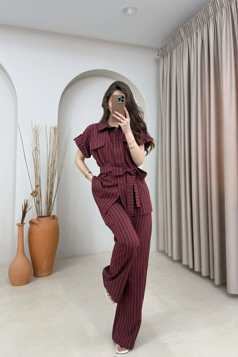 SET ME VIJA BLUZE ME MENGE TE SHKURTRA + PANTALLONA PER FEMRA NE NGJYRE VISHNJE - 2