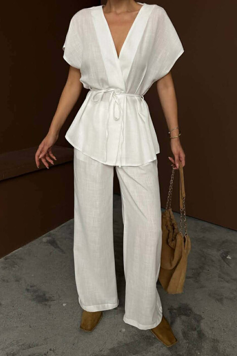 SET NJE NGJYRESH BLUZE ME MENGE TE SHKURTRA ME LIDHESE NE MES + PANTALLONA PER FEMRA NE NGJYRE TE BARDHE - 2