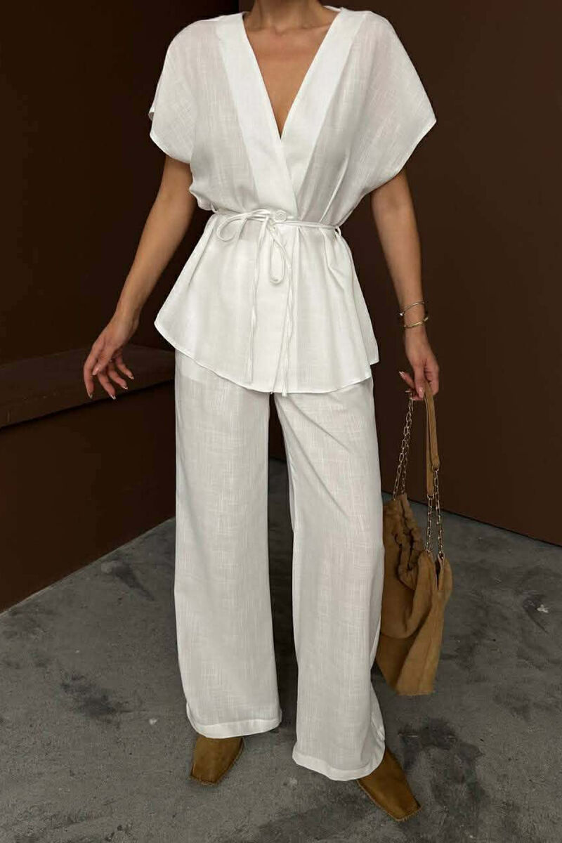 SET NJE NGJYRESH BLUZE ME MENGE TE SHKURTRA ME LIDHESE NE MES + PANTALLONA PER FEMRA NE NGJYRE TE BARDHE - 2