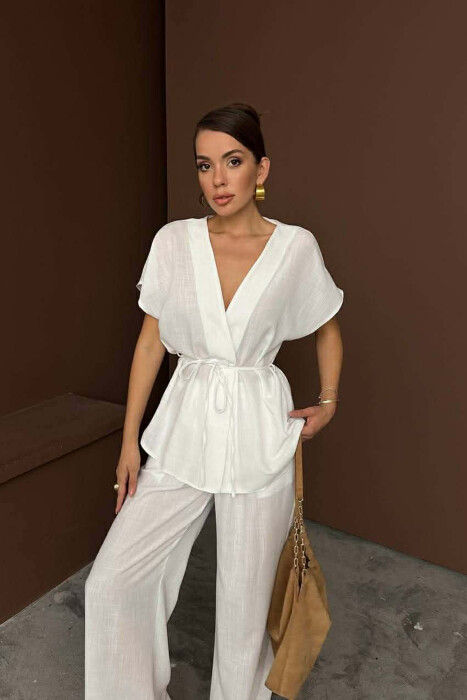 SET NJE NGJYRESH BLUZE ME MENGE TE SHKURTRA ME LIDHESE NE MES + PANTALLONA PER FEMRA NE NGJYRE TE BARDHE - 3