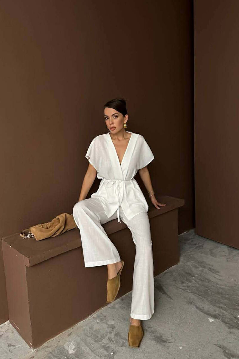 SET NJE NGJYRESH BLUZE ME MENGE TE SHKURTRA ME LIDHESE NE MES + PANTALLONA PER FEMRA NE NGJYRE TE BARDHE - 4