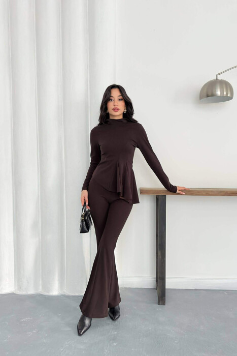 SET NJE NGJYRESH BLUZE + PANTALLONA PER FEMRA NE NGJYRE KAFE - 1