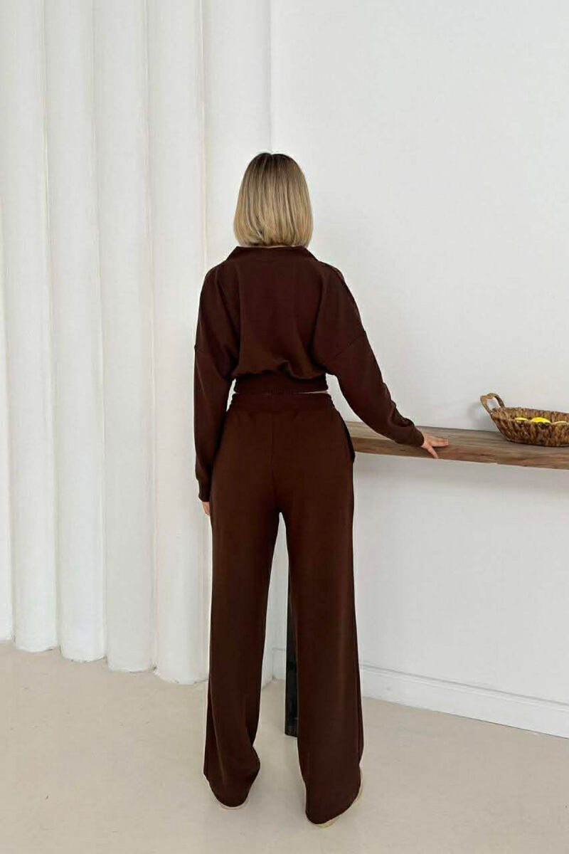 SET NJE NGJYRESH CROP TOP ME MENGE TE GJATA + PANTALLONA PER FEMRA NE NGJYRE KAFE - 3