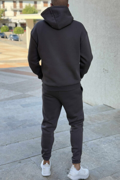 SET NJË NGJYRËSH HOODIE ME SHKRIM PARA+TUTA PËR MESHKUJ NË NGJYRË GRI TË ERRËT - 3