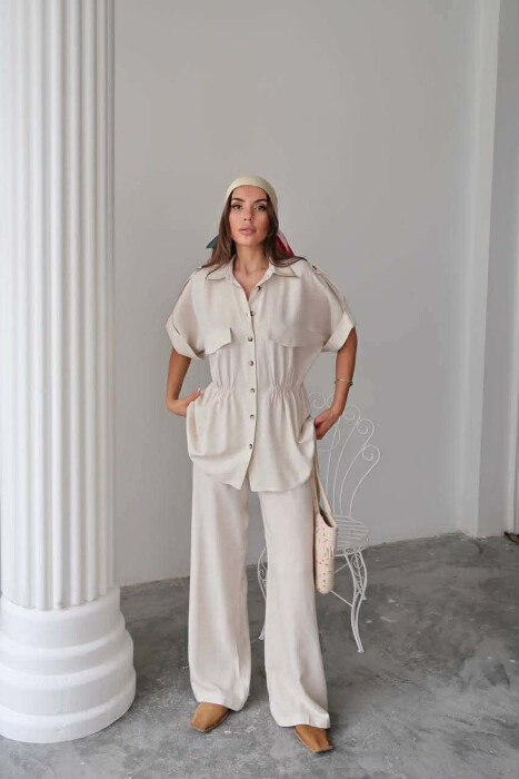 SET NJE NGJYRESH KEMISHE ME MENGE TE SHKURTRA + PANTALLONA PER FEMRA NE NGJYRE KREM - 3