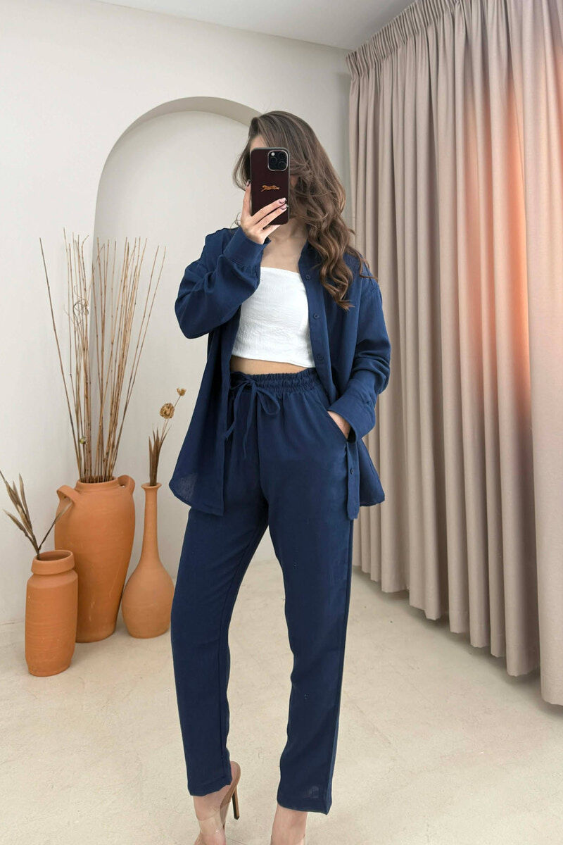 SET NJE NGJYRESH KEMISHE + PANTALLONA ME LIDHESE PER FEMRA NE NGJYRE BLU ELEKTRIKE - 1