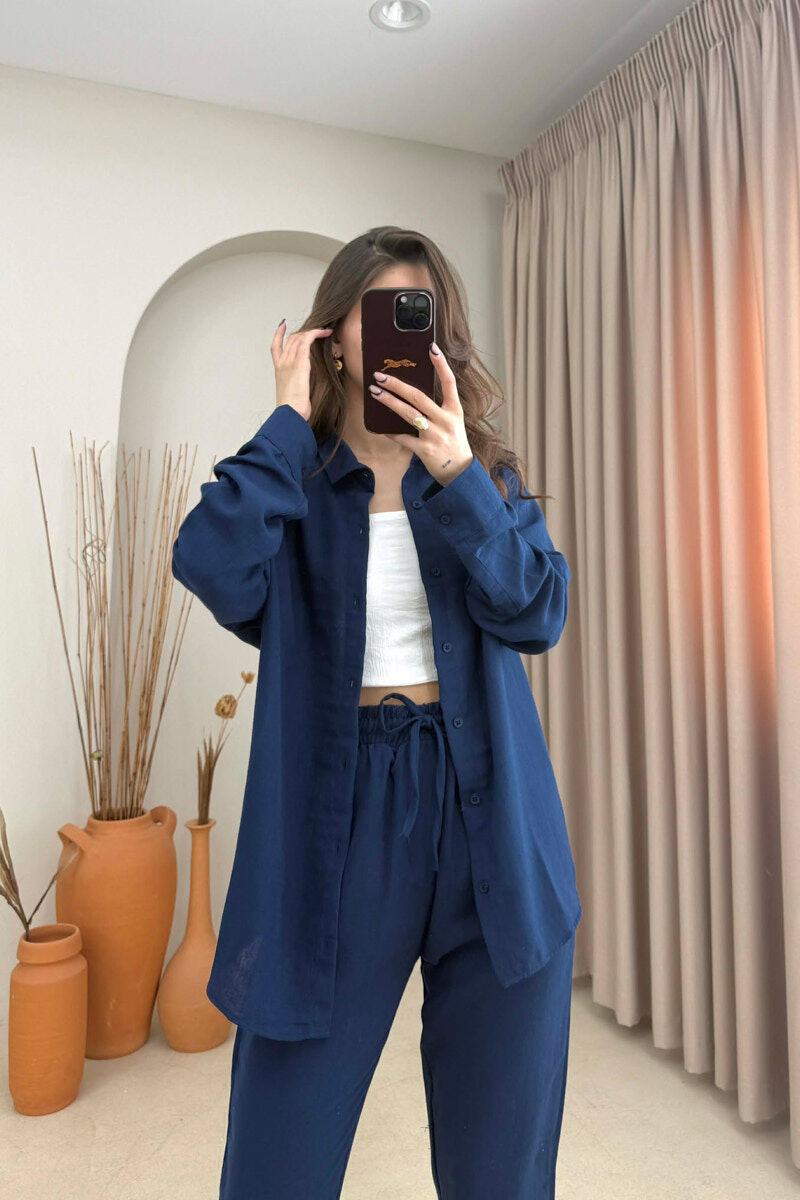 SET NJE NGJYRESH KEMISHE + PANTALLONA ME LIDHESE PER FEMRA NE NGJYRE BLU ELEKTRIKE - 2