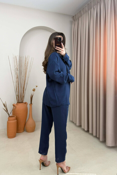 SET NJE NGJYRESH KEMISHE + PANTALLONA ME LIDHESE PER FEMRA NE NGJYRE BLU ELEKTRIKE - 4